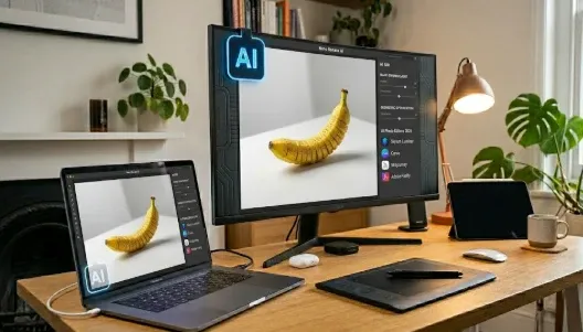 A desk setup with an AI photo editor open on a monitor and a laptop