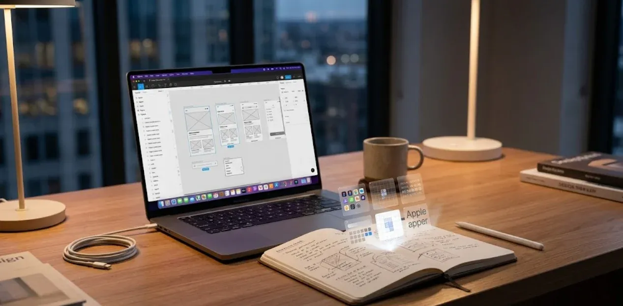 A laptop showing a wireframe next to an open notebook of hand-drawn layouts