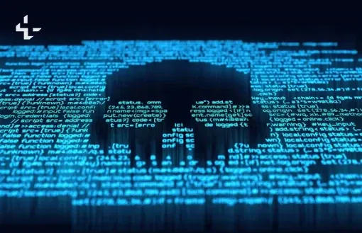 A skull formed out of blue terminal text on a dark screen
