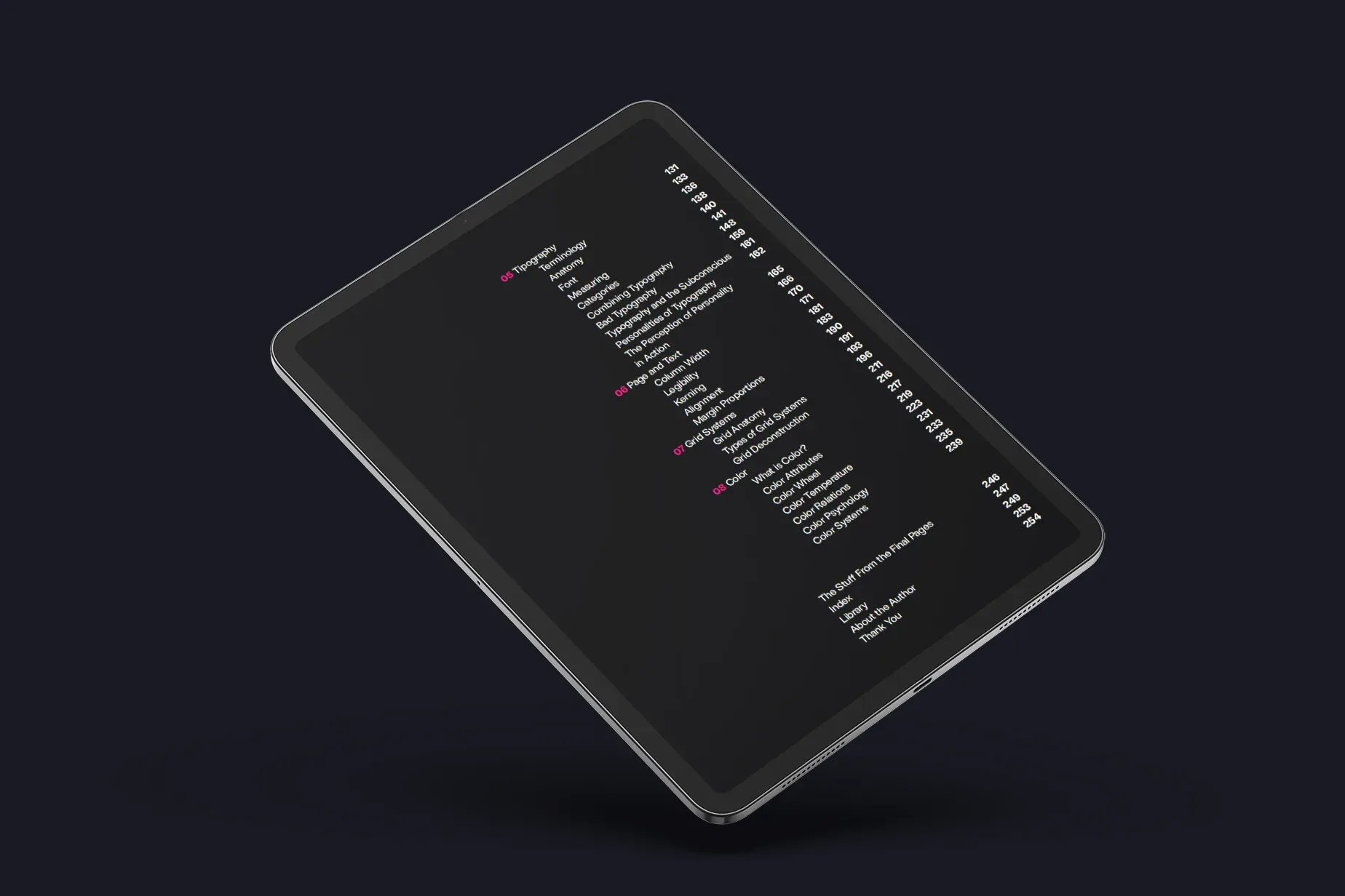 A tablet showing a chapter contents page