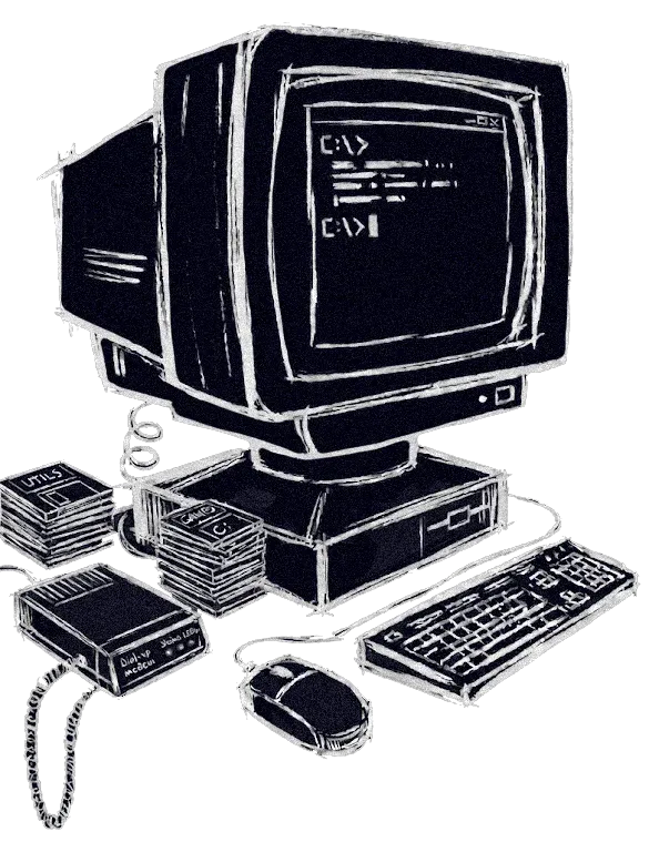 A hand-drawn CRT computer of the era, command prompt on screen