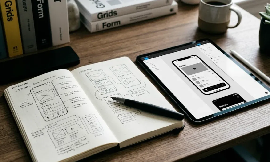 An open notebook with wireframes beside a tablet showing a mobile screen