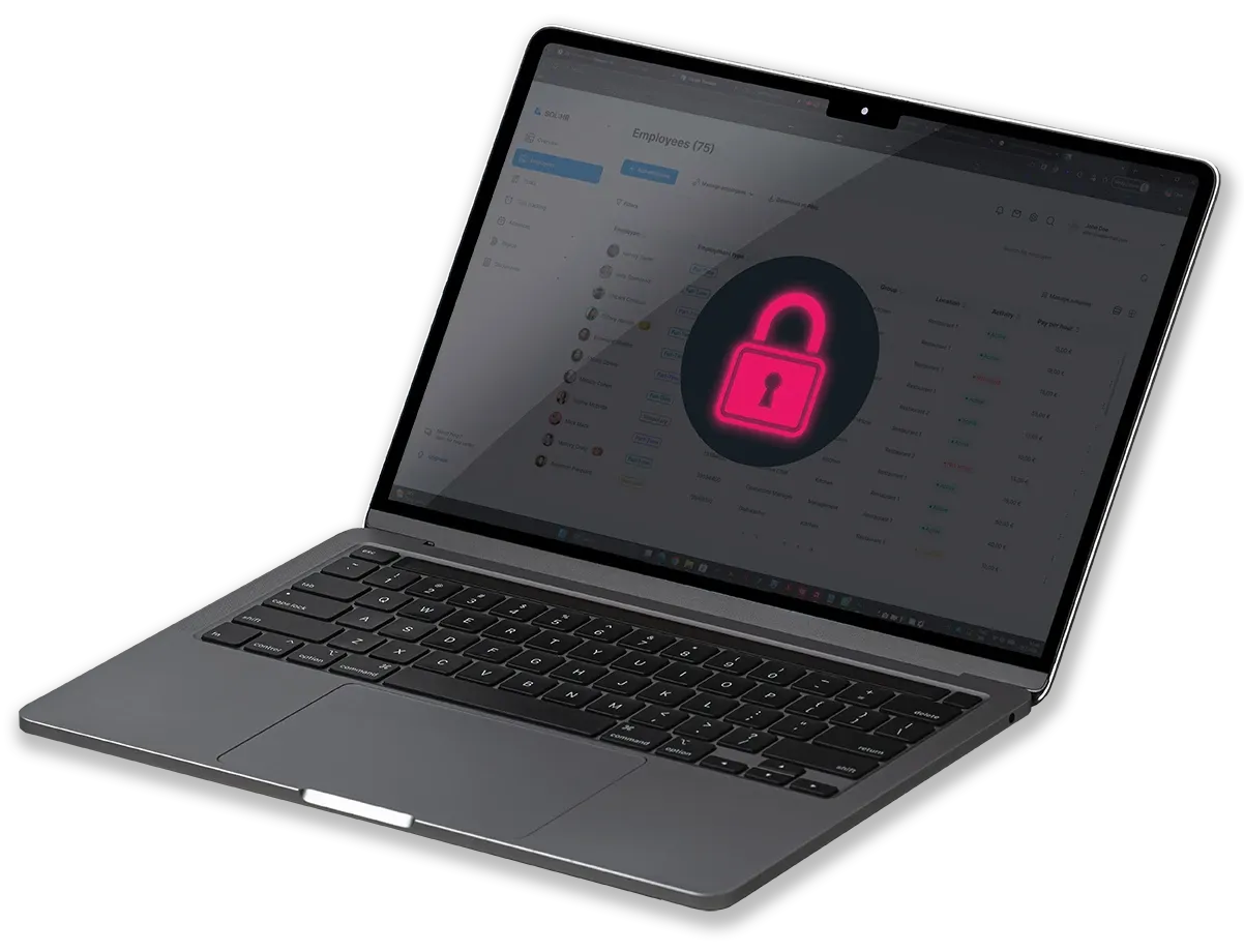 A laptop showing a project dashboard behind a pink padlock, standing in for work covered by client NDAs