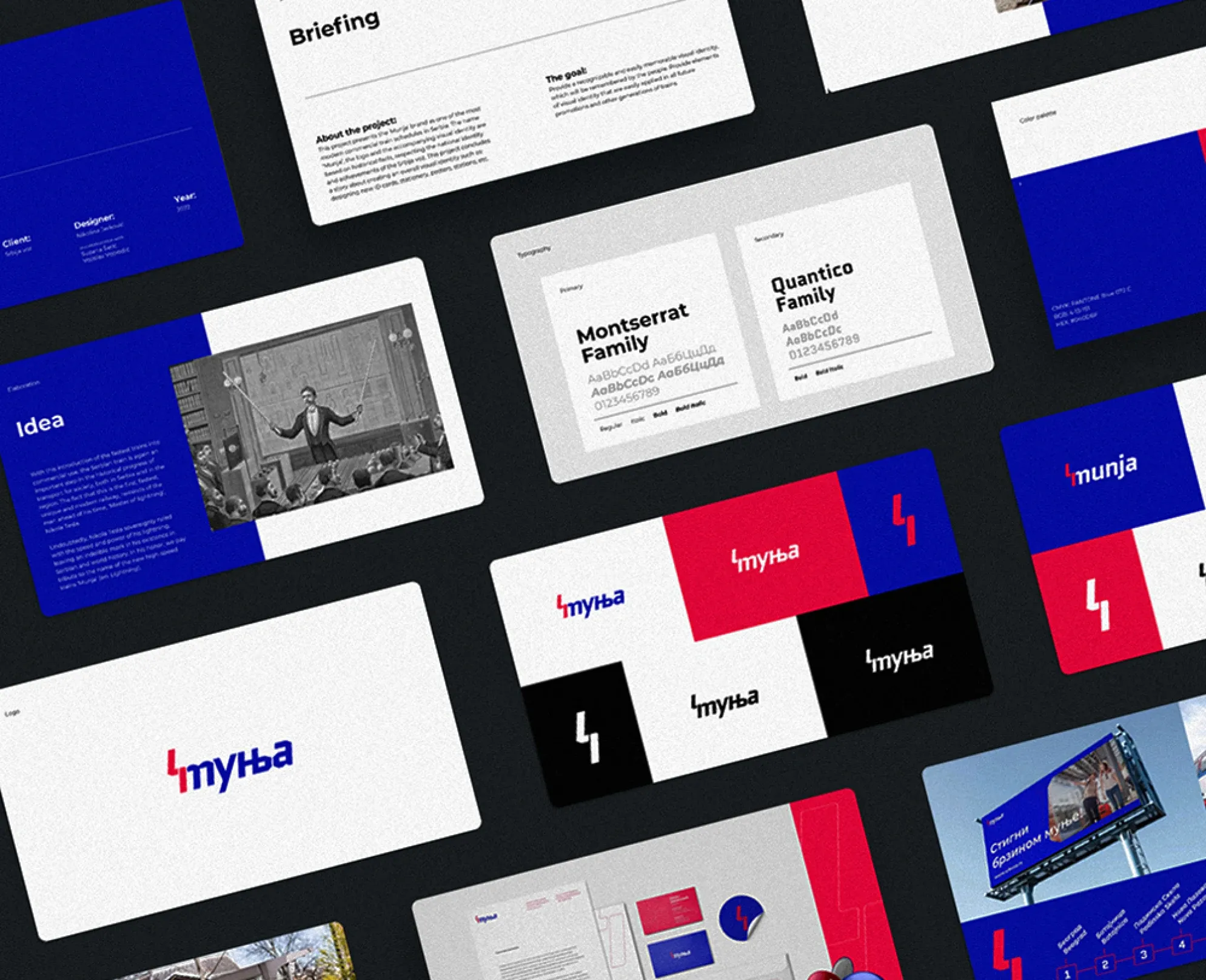 Brand identity system for Munja — logo, colour, type and layout applied across a deck, stationery and signage.